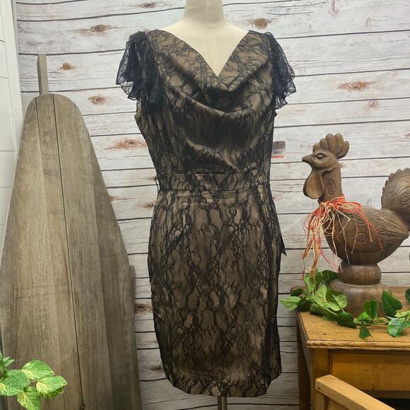 CHEQUER Bodycon Black Lace Formal Dress Size 10 Black Lace Overlay - Picture 1 of 12